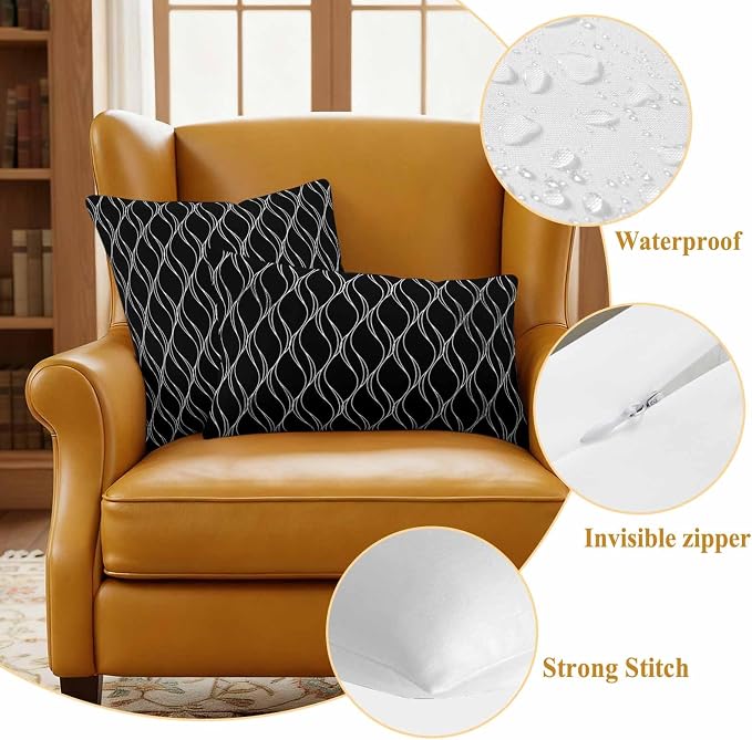 Outdoor Pillow Covers Waterproof, Black Gold Wave Abstract Art Foil Print Pattern All Weather Cushion Case Set of 2, White Thin Line Decorative Pillowcases for Sofa Bed Decor Patio Furniture 18"x18"