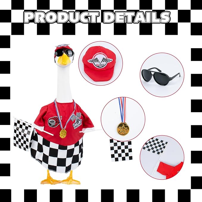 CAMDUCK Porch Goose Racing Outfits Race Car Driver Outfit Costume Racer Checkered Goose Clothes for Cement Lawn Geese