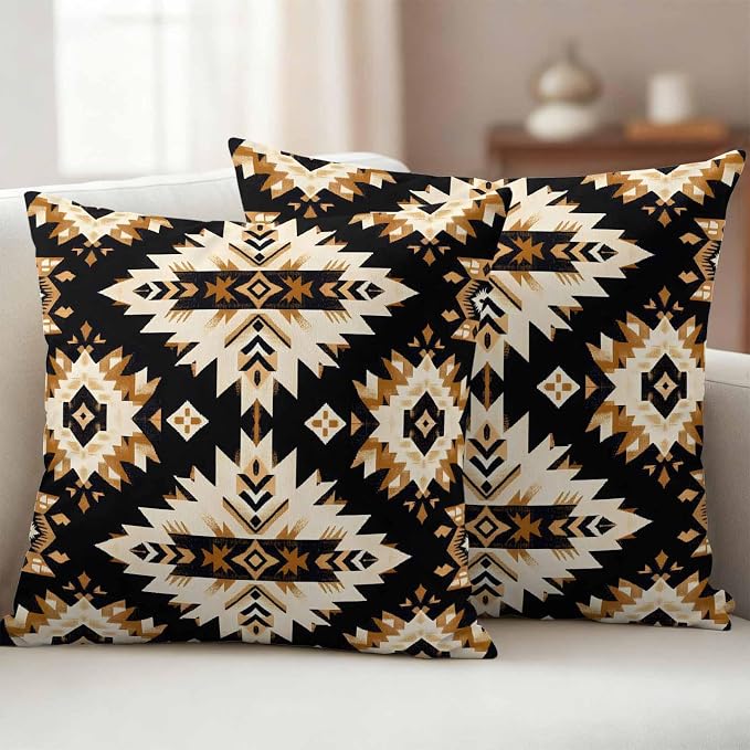 Southwestern Aztec Outdoor Pillow Covers 20x20 Inch Throw Pillow Covers Set of 2 Waterproof Decorative Pillow Cases Retro National Style Brown Abstract Cushion Covers for Patio Furniture Garden Couch