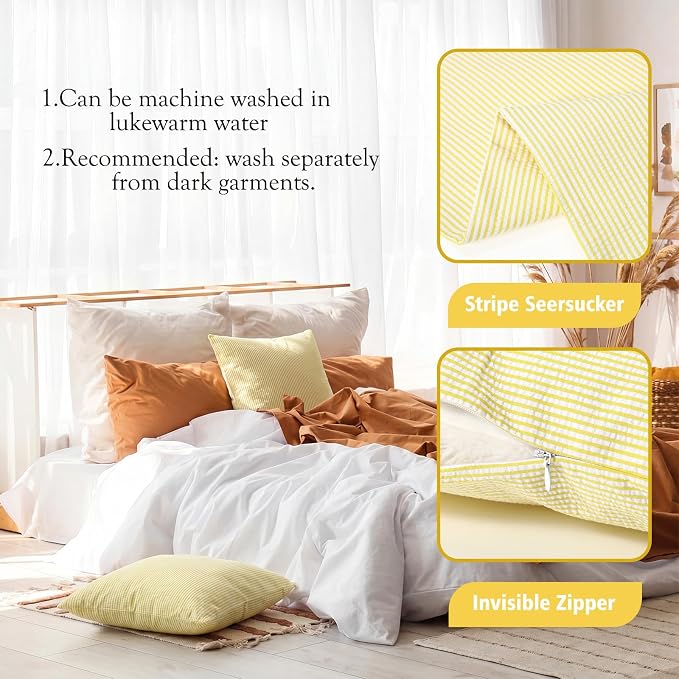 Huhumy Yellow Throw Pillow Cover 18" x 18" for Home Decoration Striped Modern Style Decorative Cushion Covers No Inserts Seersucker Pillow Cover for Living Room, Chair, Bed, Couch, Set of 4