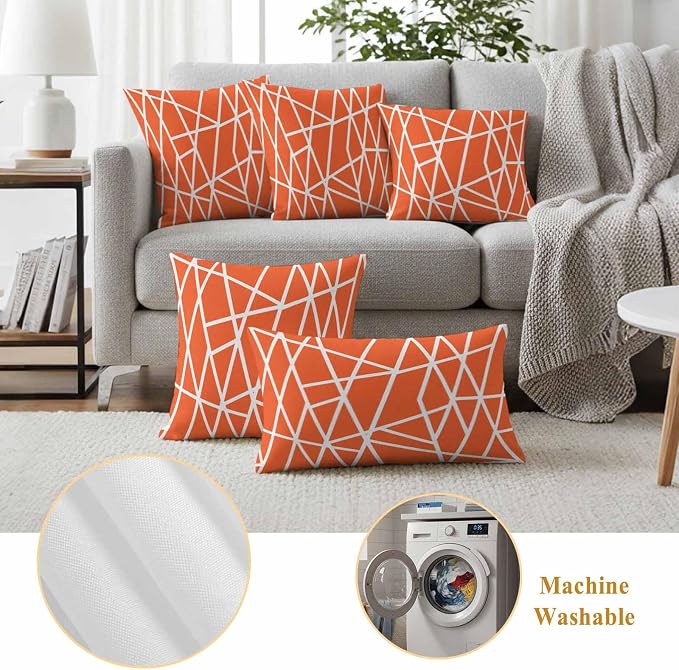 Outdoor Pillow Covers Waterproof, Orange Geometric Decorative Rectangle Throw Pillowcases Patio Cushion Covers for Tent/Garden, 20" x 12" 2 Pack, Abstract Stripes Modern Simple