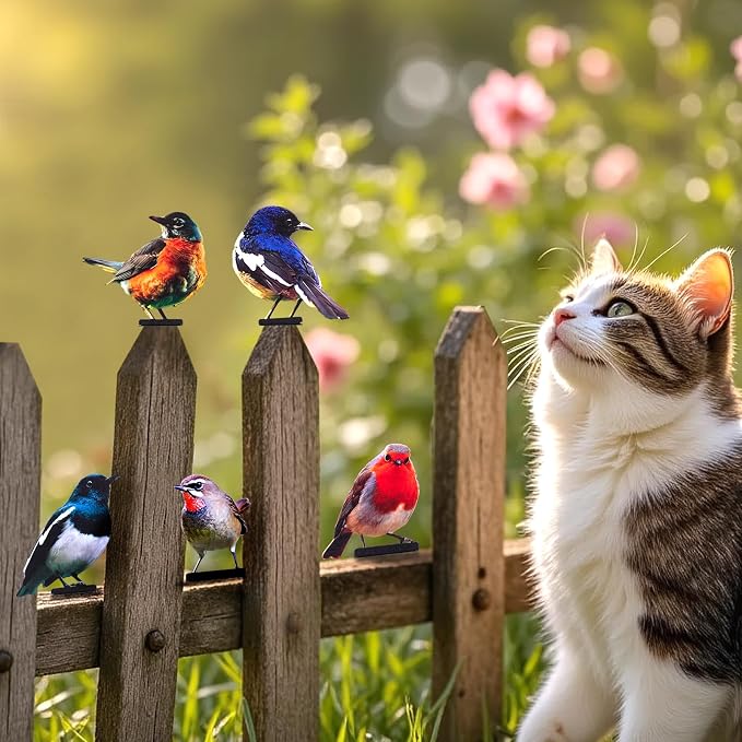 HUYIENO 5PCS Vivid Metal Birds Fence Decor 2D Dual Side Color Painted Outdoor Garden Natural Bird Sculptures for Outdoor Fences, Patio, Garden and Bird Lovers