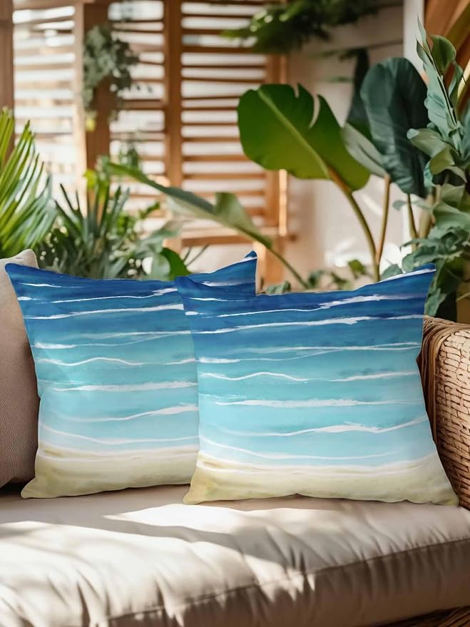 Set of 2 Outdoor Pillows Waterproof, Blue Beige Ombre Indoor/Outdoor Throw Pillows with Inserts, Coastal Nautical Summer Beach Wave Decorative Pillow for Patio Furniture Chairs Couch 18"x18"