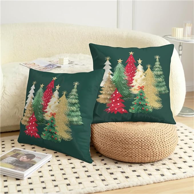 Christmas Pillow Covers 20x20 Set of 2 Green Xmas Tree Throw Pillow Covers Winter Holiday Decorative Pillowcase Double Sided Printing Cushion Case for Home Decor Sofa Couch