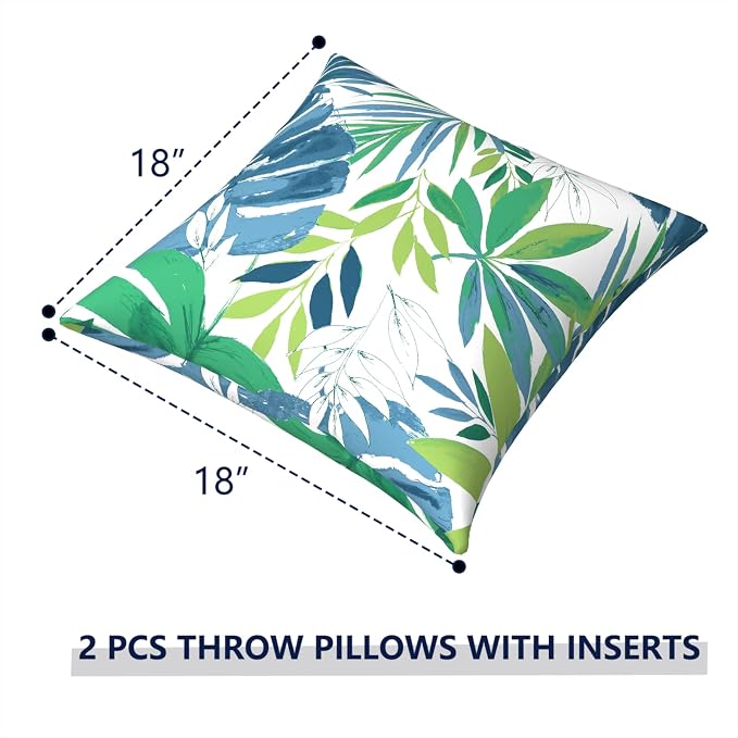Outdoor Pillows for Patio Furniture 18x18 inch, Square Outdoor Throw Pillows with Inserts, Decorative Toss Pillows for Garden Couch Home Sofa Office Chair, Pack of 2, Islamorada Blue Green