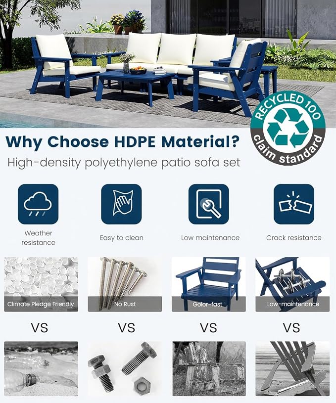 FOOWIN 4-Piece Patio Furniture Set, HDPE All-Weather Outdoor Conversation Set with Thick Cushions, Sectional Patio Sofa Furniture for Deck, Porch, Lawn, Garden, Navy Blue Frame & White Cushion