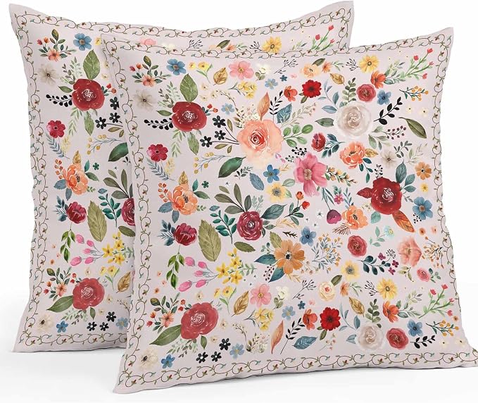 Vandarllin Outdoor Throw Pillows Covers 20x20 inch Set of 2 Waterproof Pink Floral Decorative Zippered Cushion Covers for Patio Furniture, Farmhouse Vintage Flower Lumbar Pillowcases