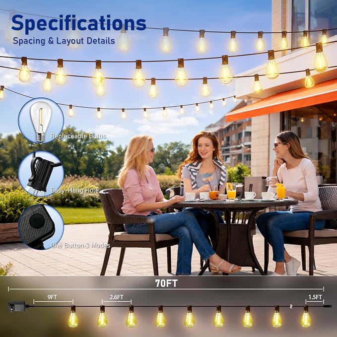 70FT Outdoor String Lights with Remote & Dimmable, 24+1 Shatterproof Waterproof Bulbs, Dimmable Outside Hanging Patio Lights for Backyard, Porch, Deck, Garden 2200K Warm Yellow