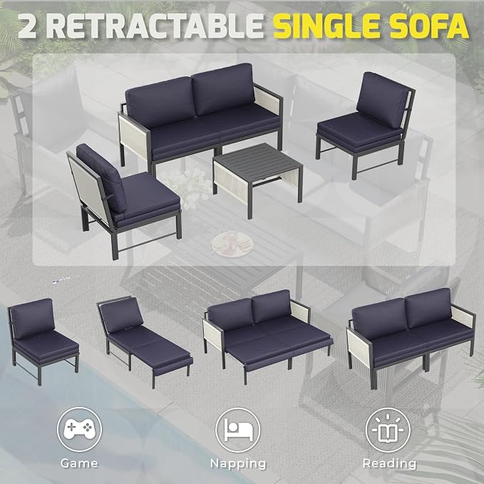 U-MAX Aluminum Patio Furniture Set 4 Seats Outdoor Sectional Couch with Coffee Central Table Patio Conversation Sets for Porch Deck (Dark Blue, with Retractable Sofa Couch and Single Sofa)