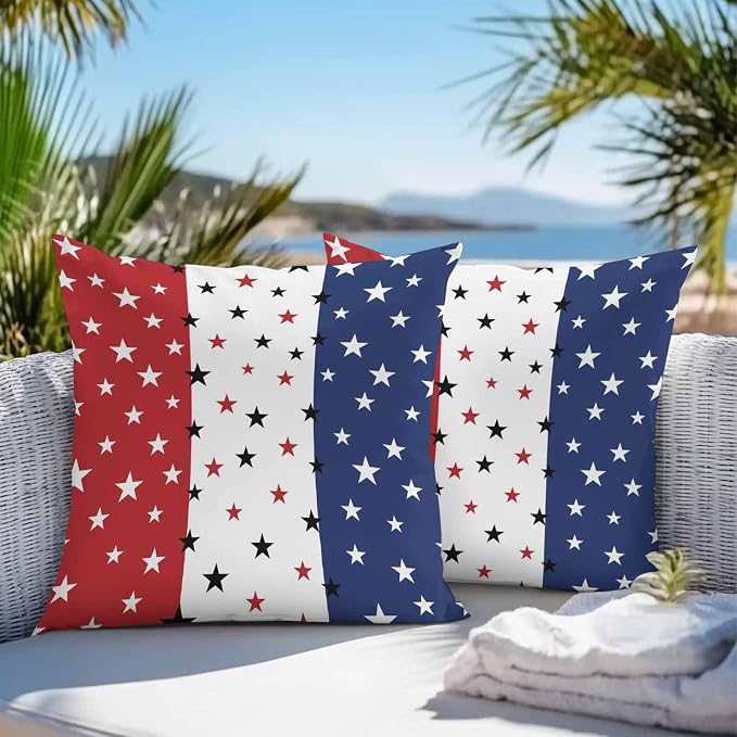 Vandarllin Outdoor Throw Pillows Covers 24X24 Set of 2 Waterproof July 4th Decorative Zippered Cushion Covers for Patio Furniture, Red White Blue Lumbar Pillowcases Independence Day Americana Stars