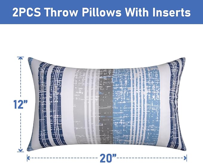 12x20 Waterproof Outdoor Pillows, Set of 2 Outdoor Lumbar Pillows | Patio Furniture Pillows, Decorative Throw Pillows, Waterproof & Fade Resistant, Removable & Washable, Stripe Blue White