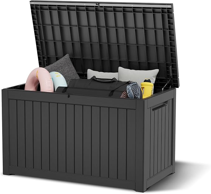 KAMABOKO 260 Gallon Outdoor Storage Box, Resin Deck Boxes Indoor and outdoor, Waterproof Storage Box Lockable Lid for Garden Tools, Package Delivery, Patio Cushions, Black