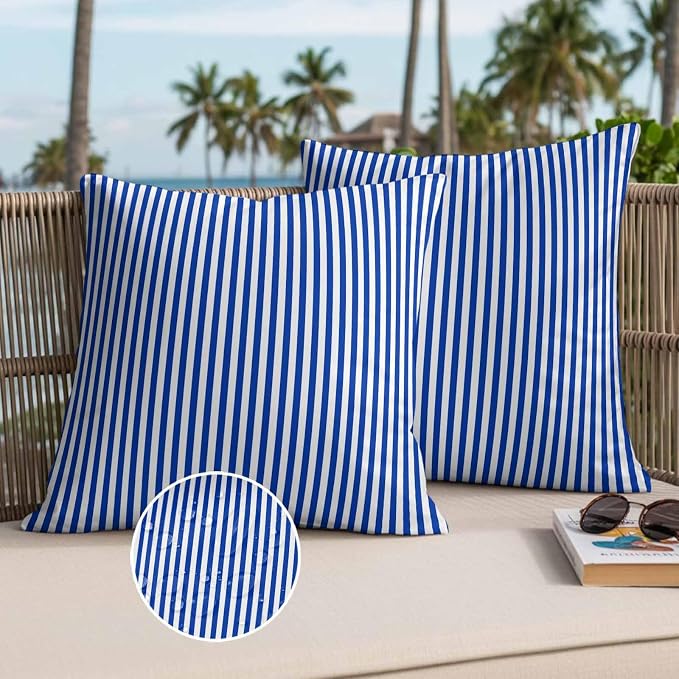 Throw Pillow Covers 24x24 Inch Set of 2, Navy Blue Stripe Waterproof Outdoor Cushion Covers, Modern White Vertical Striped Geometric Decorative Pillowcases for Couch, Sofa, Bed, Garden, Patio