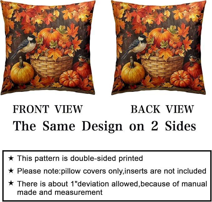 Autumn Pumpkin Pillow Covers Orange Maple Leaf Pillows Cases Fall Themed Throw Pillow Covers 20x20 Set of 2 Harvest Thanksgiving Cushion Cases for Bedroom Living Room Couch