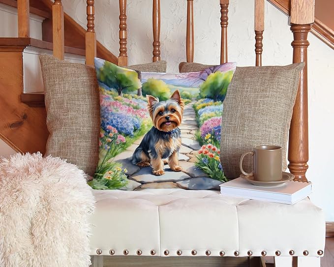 Caroline's Treasures Yorkshire Terrier Spring Path Throw Pillow Machine Washable, Indoor Outdoor Decorative Pillow for Couch, Bed or Patio, 14Hx14W