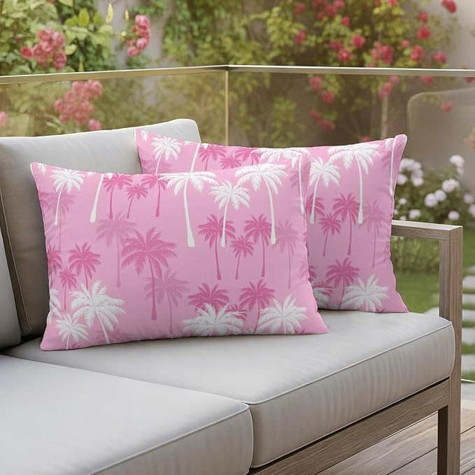 Lumbar Pillow Covers 20x12 Inch Set of 2, Tropical Palm Tree Waterproof Outdoor Pillow Covers, Magenta Pink Plants Coastal Leaf Beach Decorative Cushion Pillowcases for Couch, Sofa, Bed, Garden, Patio