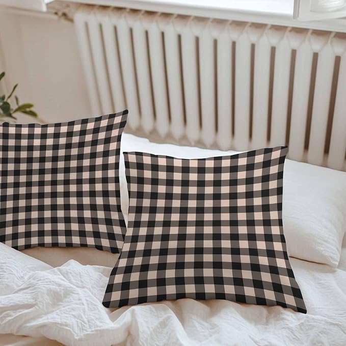 Outdoor Waterproof Throw Pillow Covers Set of 2 Beige Buffalo Plaid Pillowcases 18x18 Inches Pastoral Black Checked Decorative Pillows Cushion Case Patio Pillows for Couch Bed Chair Garden