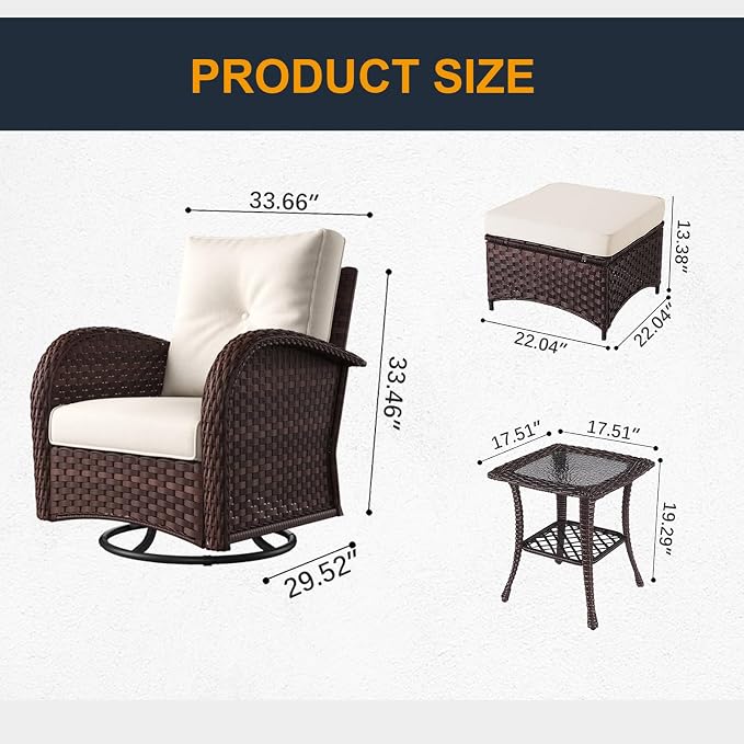 5 Pieces Outdoor Wicker Patio Swivel Rocking Chairs, All Weather Wicker Conversation Set with Side Table