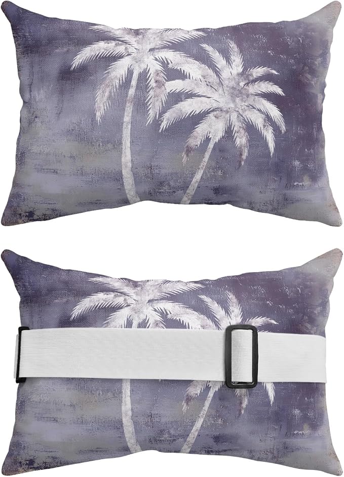 Palm Trees Tropical Outdoor Pillows for Chaise Lounge Chair Beach Headrest Pillow Set of 2 Waterproof Lumbar Pillows with Insert&Strap Shabby Purple Summer Coastal Recliner Pool Pillow 12"x20"