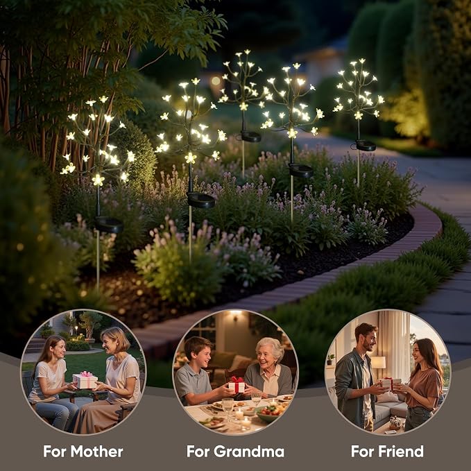 4 Pack Solar Garden Lights Outdoor, Solar Lights Outdoor Flowers | 2Modes 80LED Garden Decor, Waterproof Solar Powered Fairy Garden Outdoor Decorations for Yard Patio Pathway, Gardening Gifts