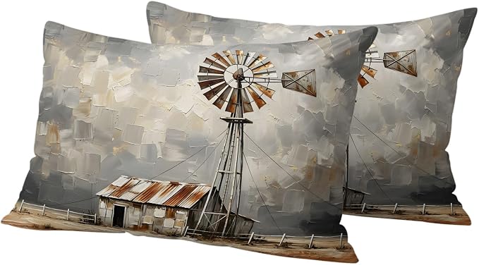 Gray Rustic Windmill Outdoor Pillow Covers 20"x12" Set of 2, Farmhouse Country Barn Oil Painting Waterproof Throw Pillow Covers for Patio Furniture, Decorative Cushion Covers for Porch