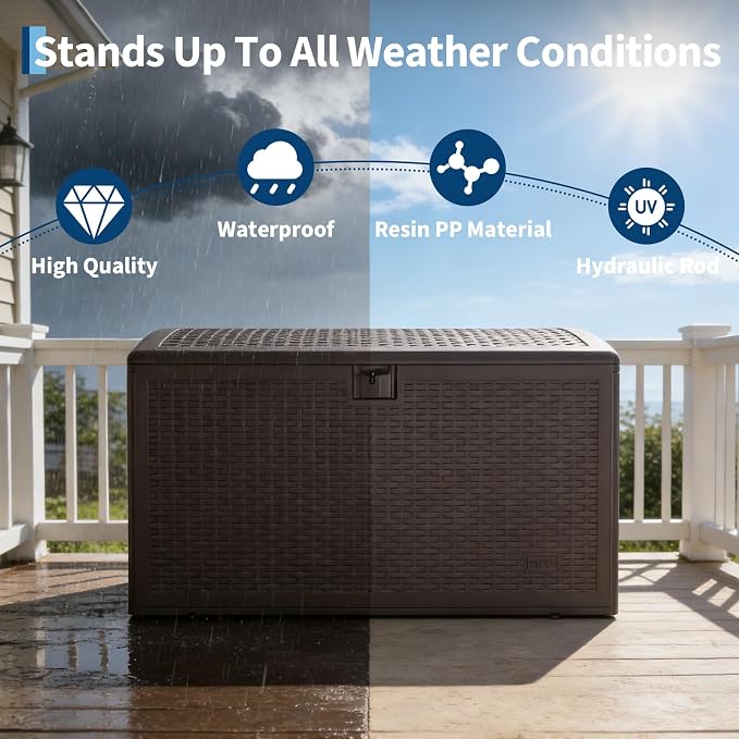 Jojoka 120 Gallon Lockable Outdoor Storage Box - Waterproof UV-Resistant Resin Deck Bench with Gas Spring Lid - For Patio Furniture Cushions, Garden Tools, Pool Accessories - Brown, Gas Spring