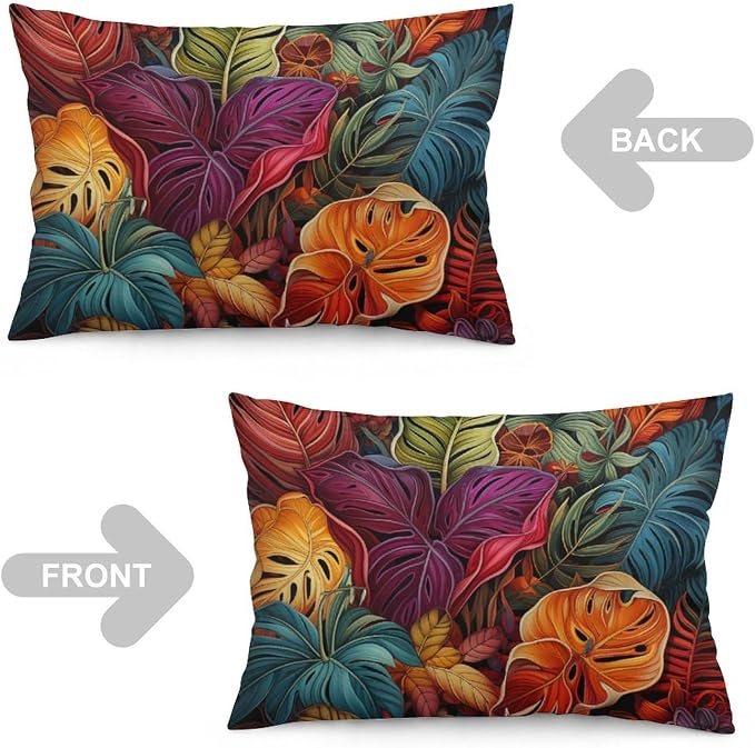Cushion Case Tropical Flower Printed with Colorful Leaves Rectangle Pillow Covers 20"x30" Tropical Plants Pillow Protectors with Zipper Standard Size Zipper Pillowcase for Sofa Home Decor