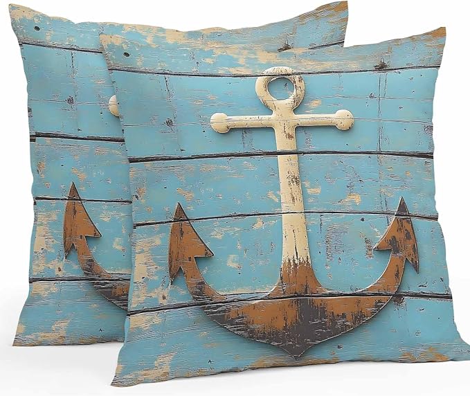 Vintage Anchor Waterproof Outdoor Pillow Covers Set of 2 Home Decor, Coastal Nautical Blue Brown Wooden Pillowcase Patio Pillow Covers for Couch Bench Furniture Garden 18x18in