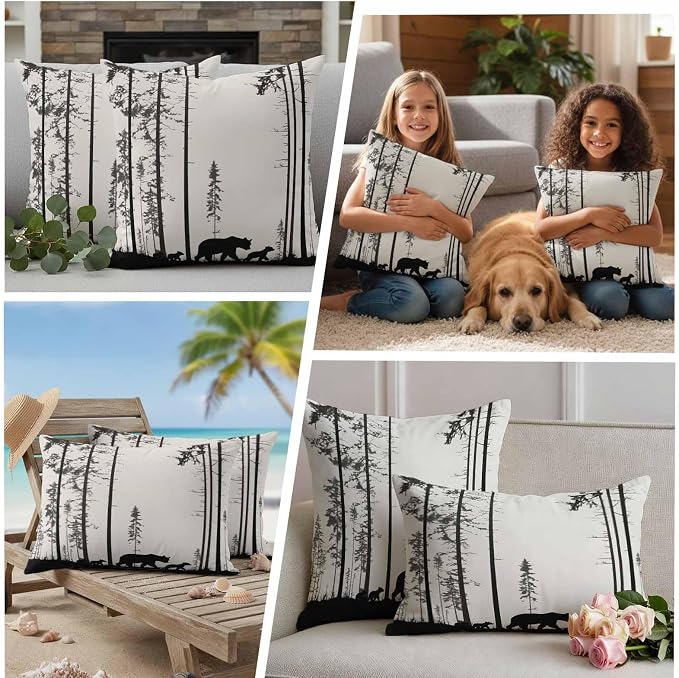 Abstract Outdoor Waterproof Throw Pillow Covers Set of 2, 20"x12", Animal Bear Family Forest Trees Silhouette Decorative Pillow Covers Outside Cushion Case for Patio Porch Garden