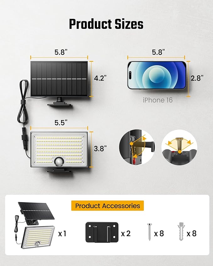 Mini Solar Lights Outdoor with Motion Sensor, 170-LED Solar Flood Lights Outdoor Dusk to Dawn with 16.5FT Cable, 3 Modes Solar LED Lights for Outside Waterproof IP65 for Patio, Yard, 2 Pack