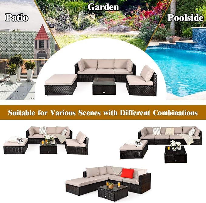 COSTWAY 6-Piece Outdoor Patio Furniture Set, Rattan Sectional Sofa Set with Tempered Glass Coffee Table, Cushions and Ottoman for Garden, Deck, Backyard (Beige)