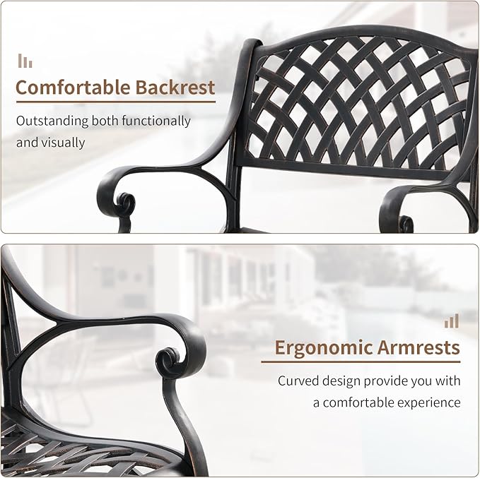 3 Piece Outdoor Dining Set,Cast Aluminum Bistro Set with Umbrella Hole, All Weather Patio Furniture Set, Small Patio Dining Set for Garden/Balcony/Deck, Bronze (Woven Backrest)
