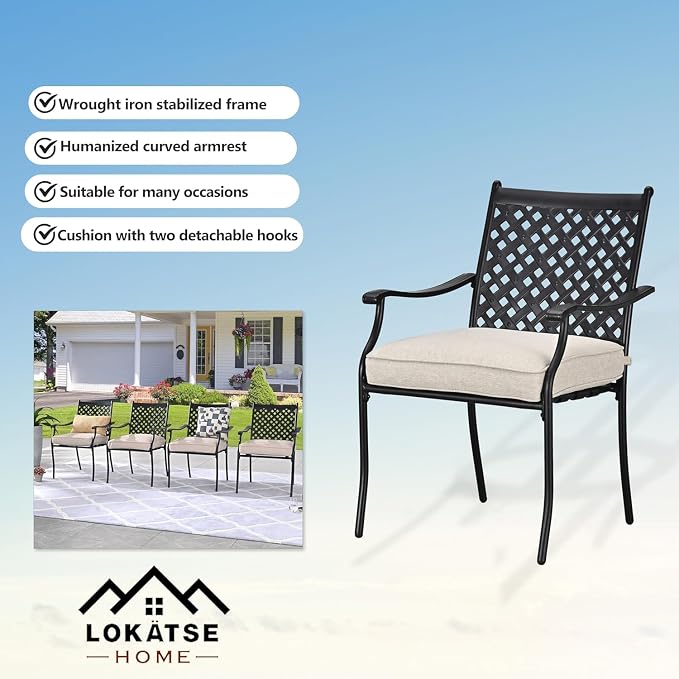 LOKATSE HOME 5-Piece Outdoor Patio Metal Dining Set with Iron Armrest Cushioned Chairs and Steel Round Table with Umbrella Hole, Beige