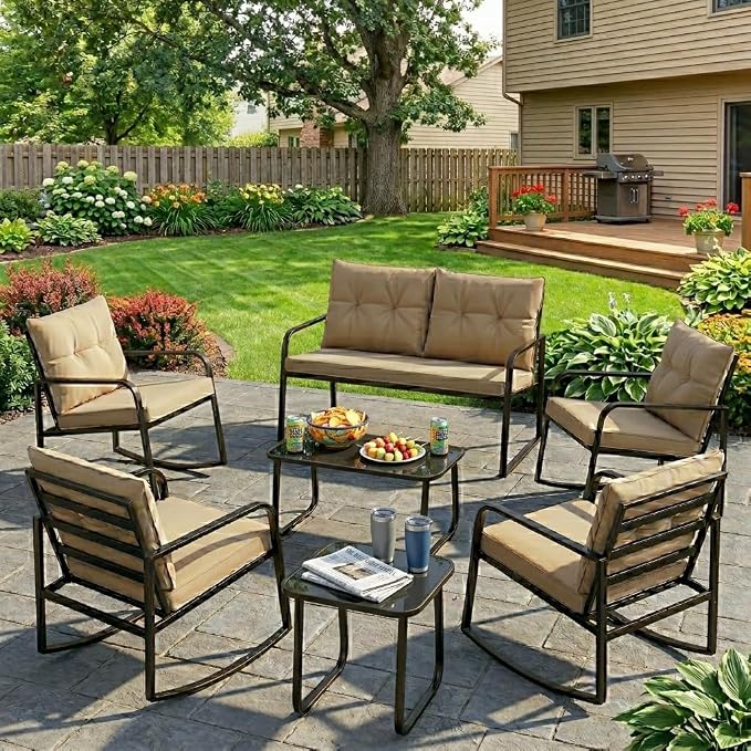 Gizoon 7-pc Outdoor Patio Furniture Set, Black Steel Patio Rocking Chairs Conversation Set with Loveseat, 6-Person Porch Bistro Set with Glass Coffee Table & Side Tables for Garden, Backyard, Beige