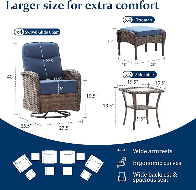 Outdoor Swivel Rocking Chair Patio Set (10pcs) High-Back - Thick Cushion Swivel Rocking Chair Patio Chairs Set, All-Weather Wicker Patio Furniture Set, Suitable for Balcony Patios, Brown/Blue