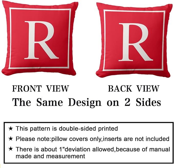 Monogram Initial Red White Outdoor Pillow Covers 18 x 18inches Decorative Pillow Case for Sofa Couch Bed (Pillow Insert Not Include)