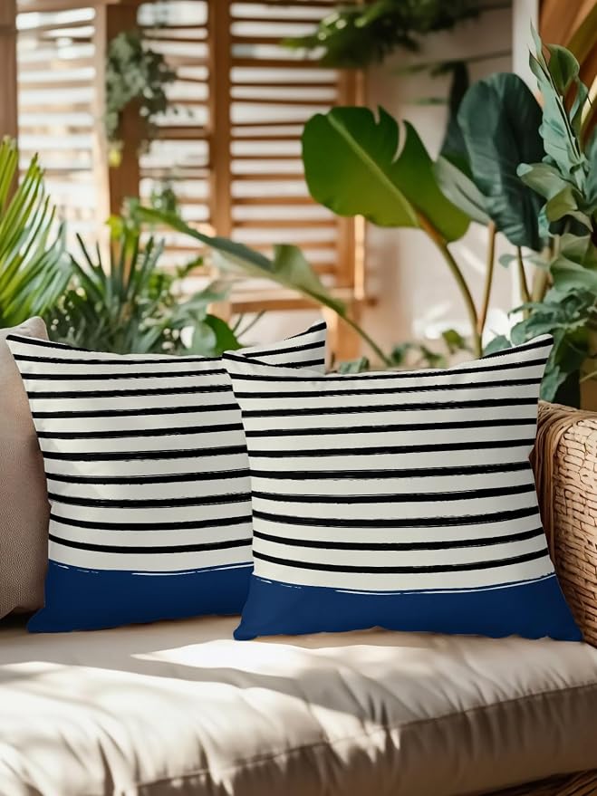 Waterproof Outdoor Pillow Set of 2 Black Stripes Decorative Throw Pillows Cover & Insert 18x18 Inch Pillowcase Navy Blue Striped Lines Square Pillows for Couch Sofa Bed Patio Furniture Indoor Outdoor