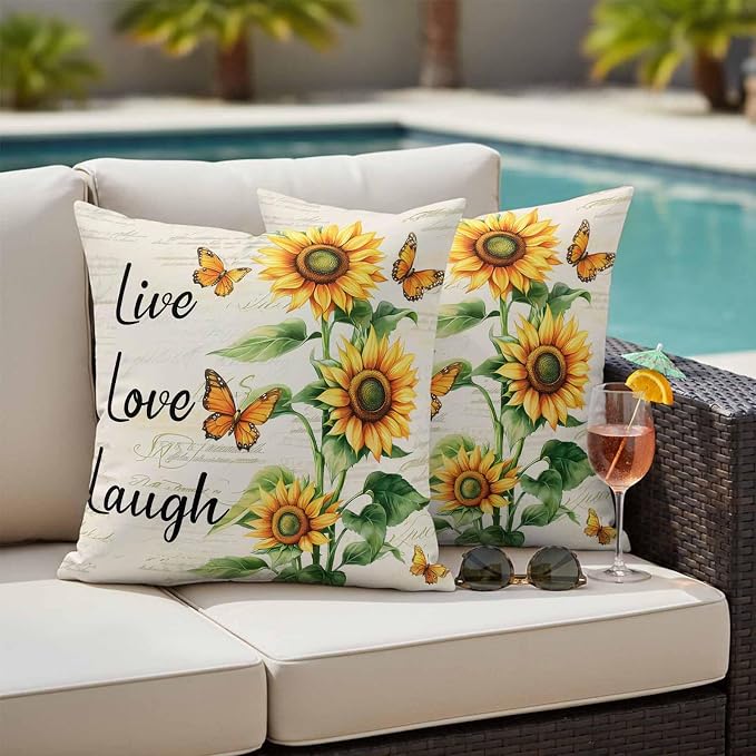 Live Love Laugh Outdoor Waterproof Throw Pillow Covers Set of 2, 18"x18", Sunflower Butterfly Rustic Watercolor Floral Decorative Pillow Covers Outside Cushion Case for Patio Porch Garden
