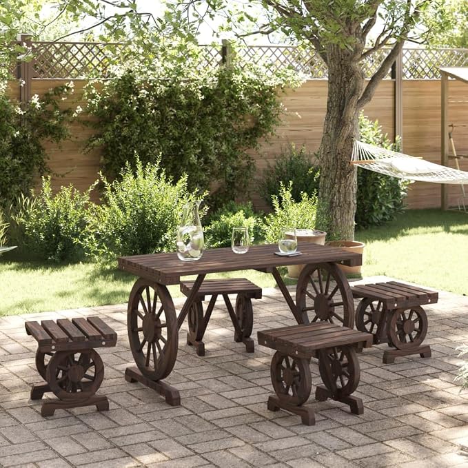 5-Piece Burnt Fir Wood Patio Dining Set with Wagon Wheel Design | Features 1 round table and 4 matching stools, providing rustic outdoor seating for backyard, garden, or porch.