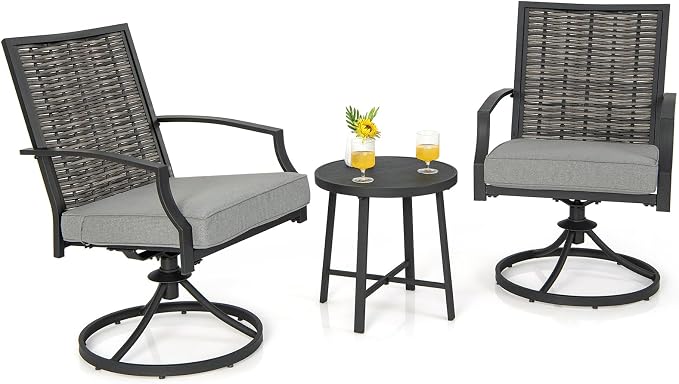 Tangkula 3 Piece Patio Swivel Chair Set, Wicker Swivel Chairs w/Coffee Table, Soft Seat Cushions, Heavy-Duty Metal Frame, 360° Swiveling Chair Set for Backyard, Balcony, Front Porch (Gray)