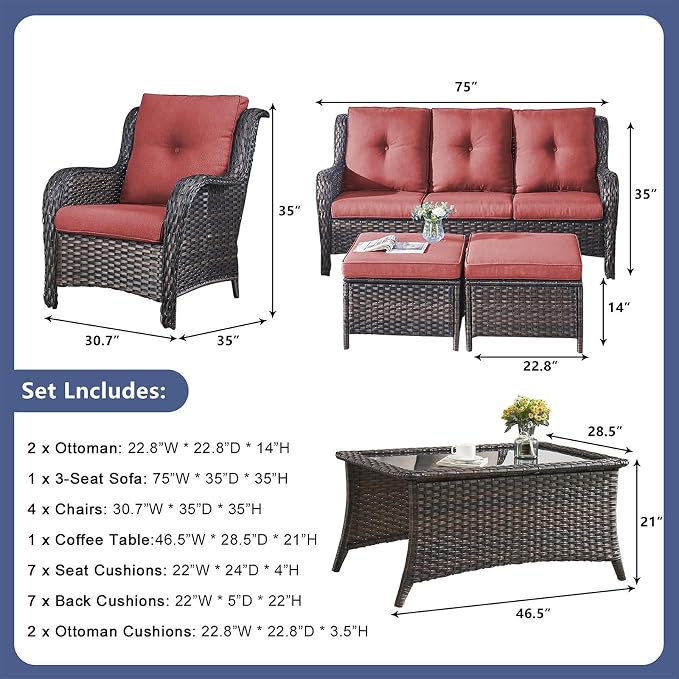 Rilyson Wicker Patio Furniture Chairs Set - 8 Piece Rattan Outdoor Patio Sectional Conversation Sets with 1 Sofa,4 Armrest Chairs,1 Coffee Table and 2 Ottomans for Porch Deck Garden(Brown/Red)