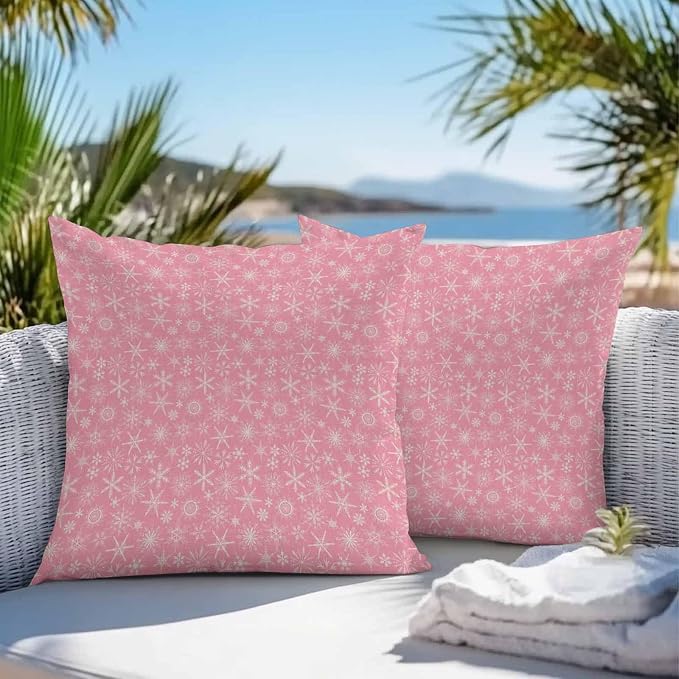 Pink Christmas Outdoor Pillow Cover 16x16 Inch Cushion Sham Case, Farmhouse Winter Xmas Beige Snowflakes Waterproof Decorative Square Throw Pillowcase for Outside Garden Patio Porch Couch Chair Tent