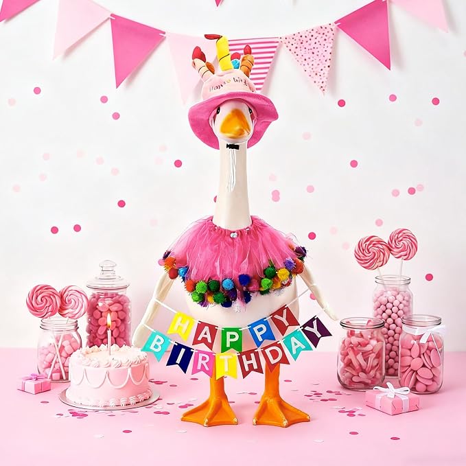 Abbylike 4 Pcs Happy Birthday Porch Goose Outfit for 23" Statues Poseable Porch Goose Wings Birthday Cake Hat for Lawn Patio Outdoor Geese Statue Decoration Accessories(Pink,Gauze Skirt Style)