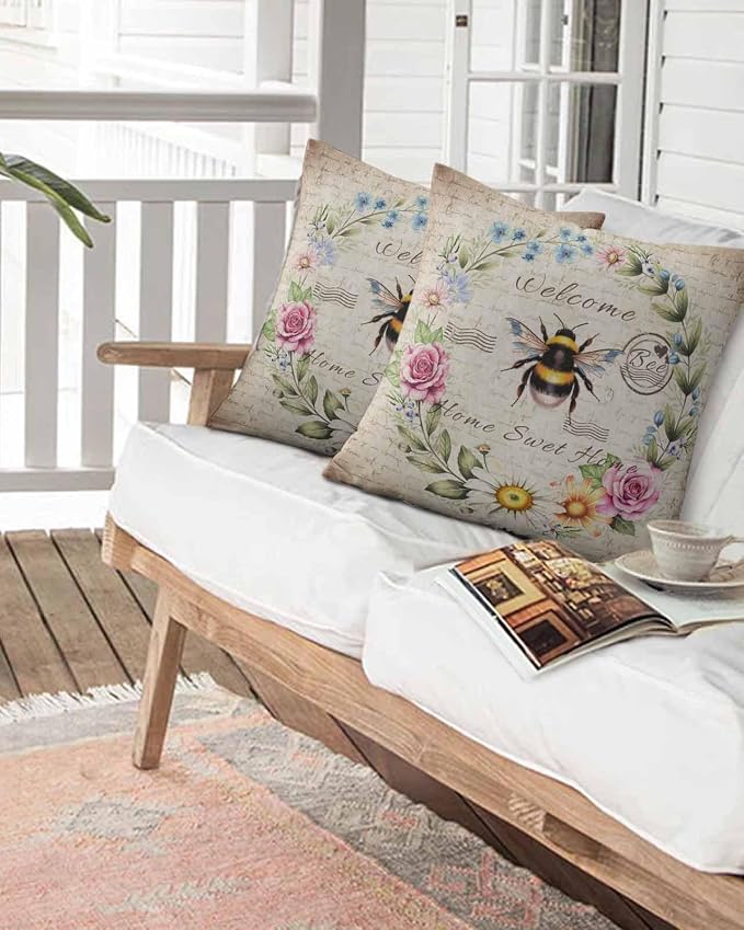 Outdoor Waterproof Throw Pillows Farmhouse Flower Leaf Wreath Patio Pillows Pack of 2,Decorative Pillow Covers with Insert,Pillow Cushion Case for Garden Couch Sofa Rustic Bee Retro Letter