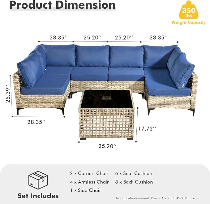 7 Pieces Wicker Patio Furniture Set,Outdoor Sectional Sofa with Coffee Table Comfy Cushions,Modern Modular Deep Seat Rattan Couch Conversation Set,Navy Blue