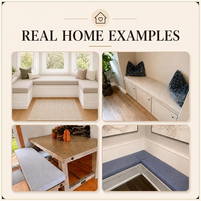 Custom Window Seat Cushion, Bench Cushion Made to Fit | 75D high-density foam, fabric, thickness and shape options, hidden zipper, optional piping, non-slip bottom, indoor furniture