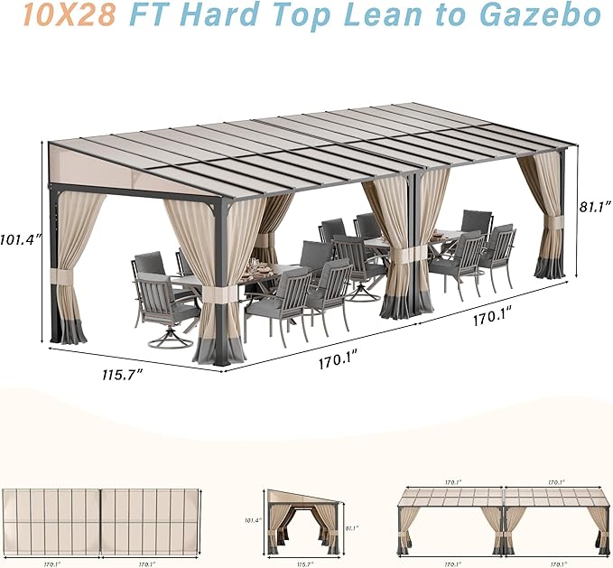 10' x 28' Lean to Gazebo,Large Wall Mount Heavy Duty Gazebos Pavilion,Outdoor Hardtop Pergola Shelter with Curtains and Netting,Sunshade for Patio Garden Lawn Backyard Deck,Brown