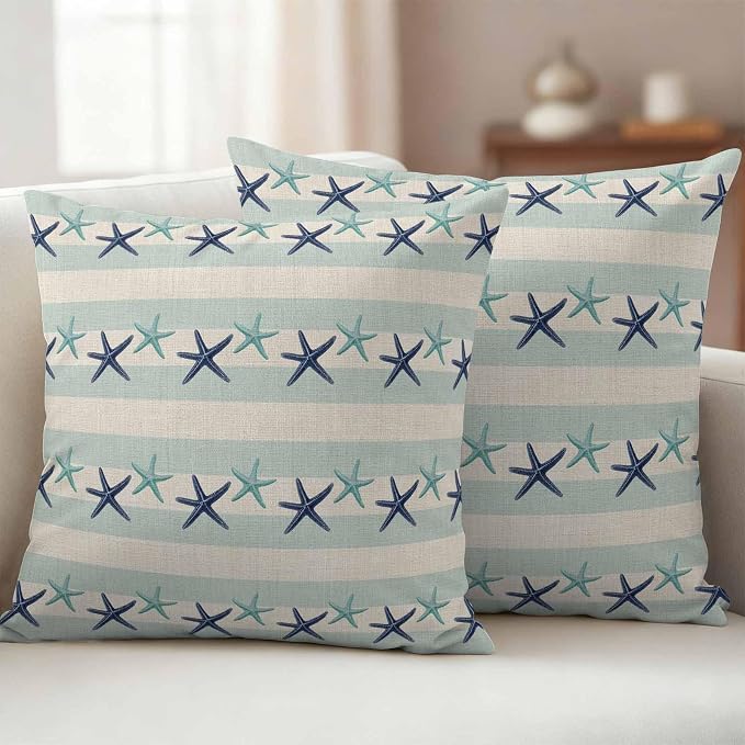 Summer Ocean Starfish Outdoor Pillow Covers Set of 2 Nautical Farmhouse Blue Teal Starfish Rustic Stripe Waterproof Throw Pillow Cover Decorative Cushion Cases for Patio Porch Garden 18X18 Inch