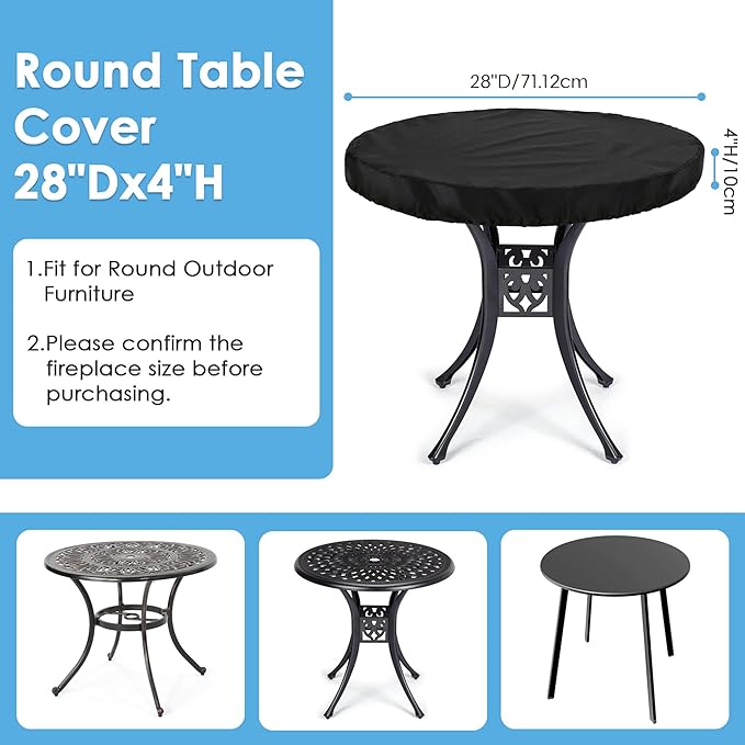 Round Outdoor Table Cover Waterproof Anti-UV Heavy Duty Round Patio Table Covers for Outdoor Furniture, Windproof Outdoor Patio Coffee & Dining Table & Table Top Cover Weatherproof Protector,28"D×4"H