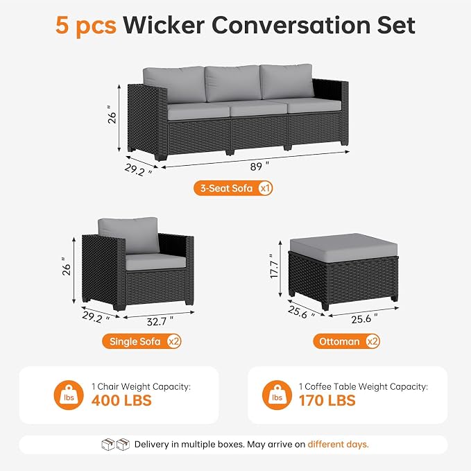 LazySunsets 5-Piece Outdoor Patio Furniture Set, Rattan Outdoor Sectional with Thick Waterproof Cushions, Wicker Ottomans & Waterproof Cover, Patio Conversation Set for Garden, Backyard, Grey